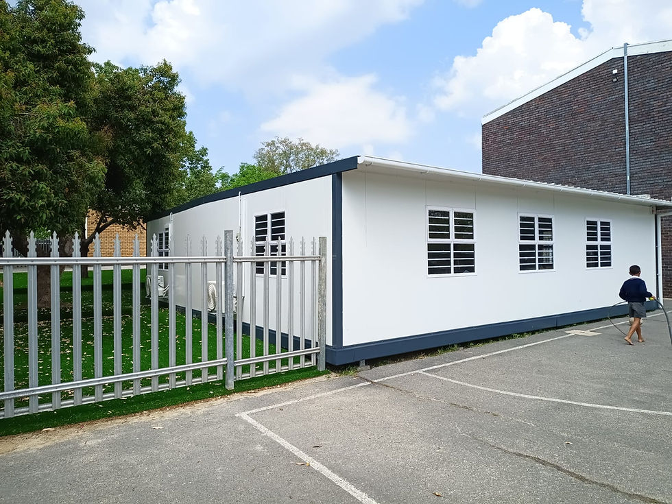 Completed modular classroom building at a school