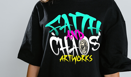 Pictured is a black t-shirt with our Faith and Chaos Artworks design printed on it. It showcases the types of artwork we sell