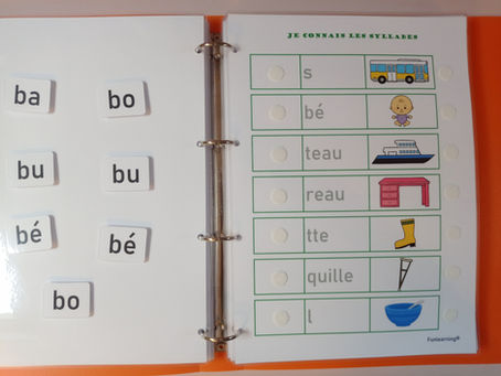 Classeur d'imprégnation syllabique : étiquettes syllabes à velcro et page de mots illustrés