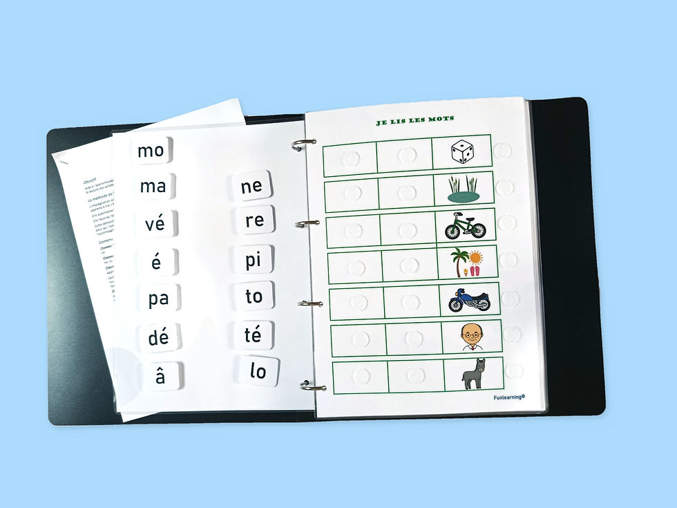 Page Je lis les mots du classeur de syllabes 3 et ses étiquettes-syllabes à velcro