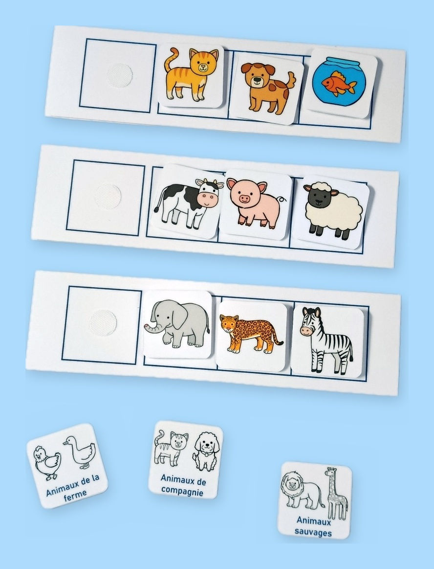 Jeu de tri par catégories : fiches sous-catégories animaux de compagnie, de la ferme et sauvages, avec leurs étiquettes