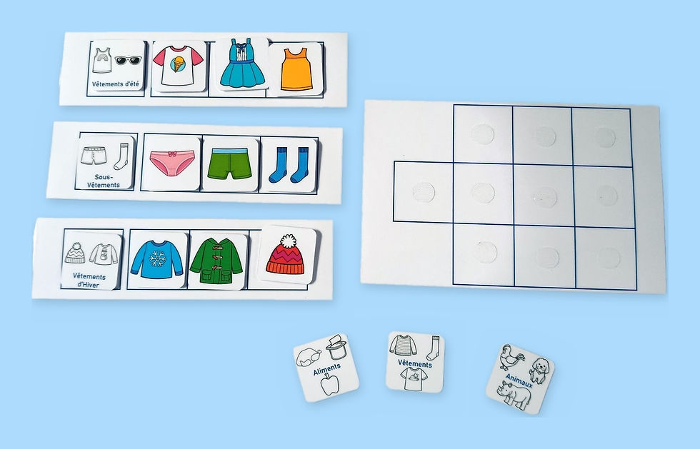 Jeu de catégorisation sémantique : fiches sous-catégories de vêtements remplies et fiche Vêtements vide à compléter