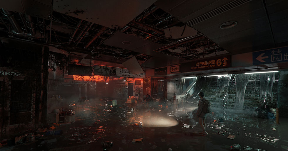 Half-submerged underground station with flickering lights and reflections in water