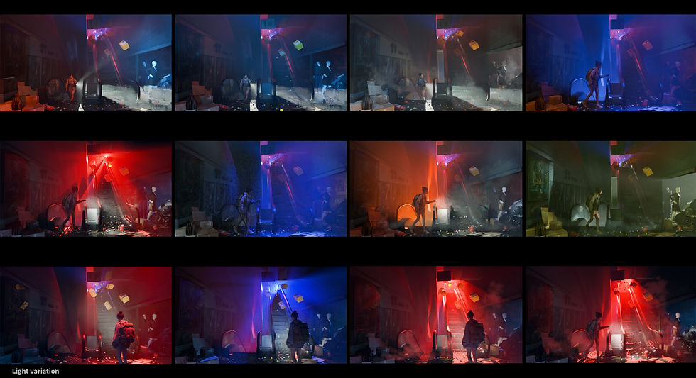 Saturated red and blue volumetric lighting test of escalator hall climax scene