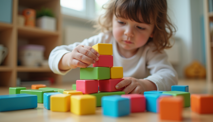 Close-up of a student using colorful building blocks to create a model