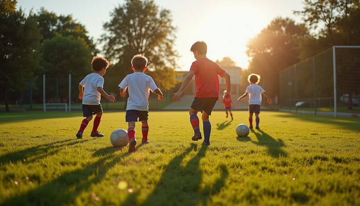 High angle view of children playing soccer on a grassy field during a sunny afternoon