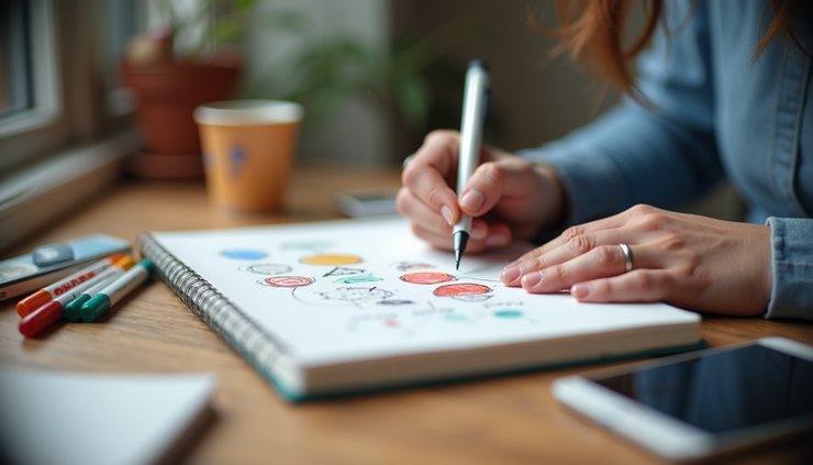 Eye-level view of a person sketching ideas on a notebook with colorful markers