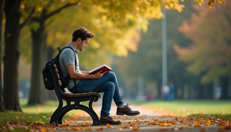 Eye-level view of a student reading a book on a park bench surrounded by trees