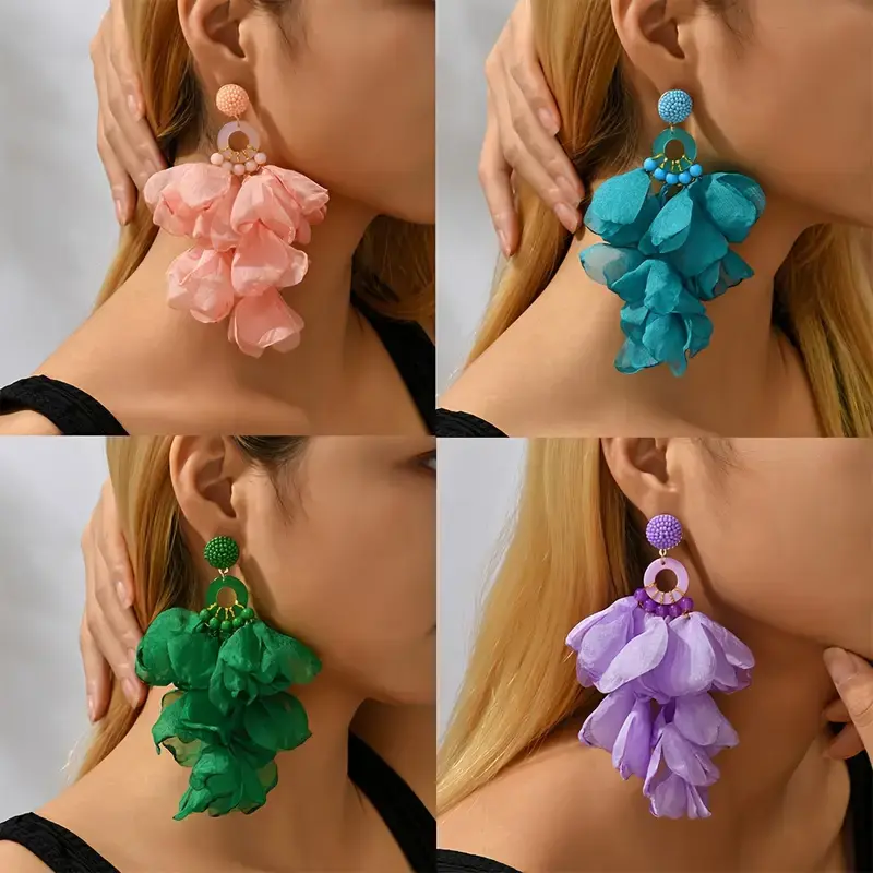 Thumbnail: Fabric Flower Petal Dangle Earrings