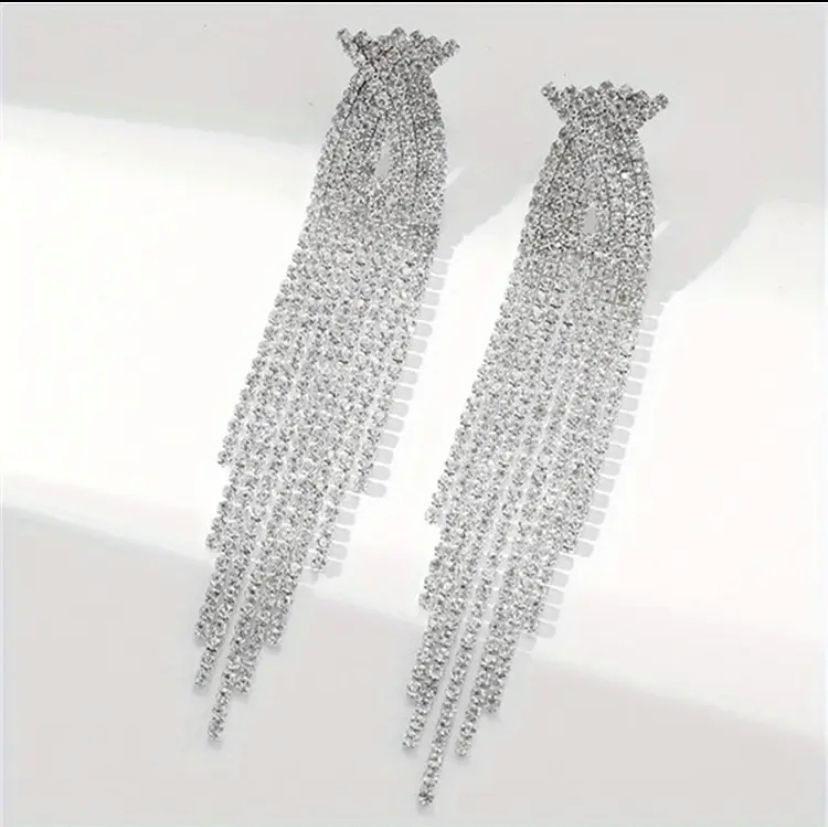 Thumbnail: Silvery Rhinestone Tassel Earrings