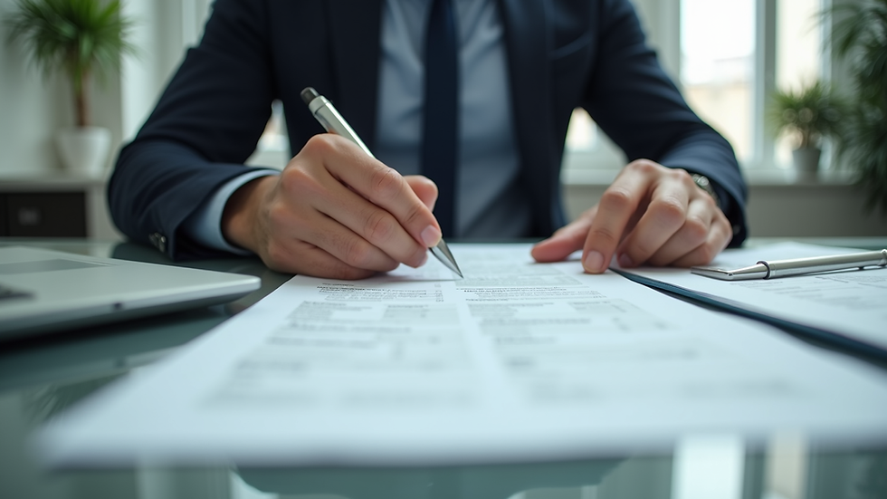 Eye-level view of a person reviewing financial documents at a desk