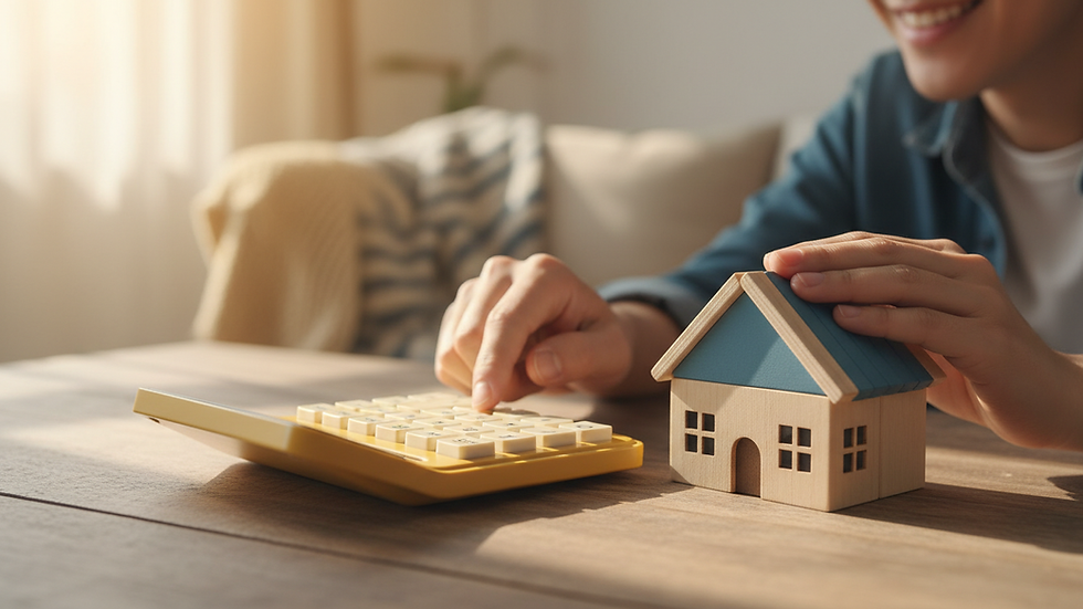 Close-up view of a calculator and house model on a table