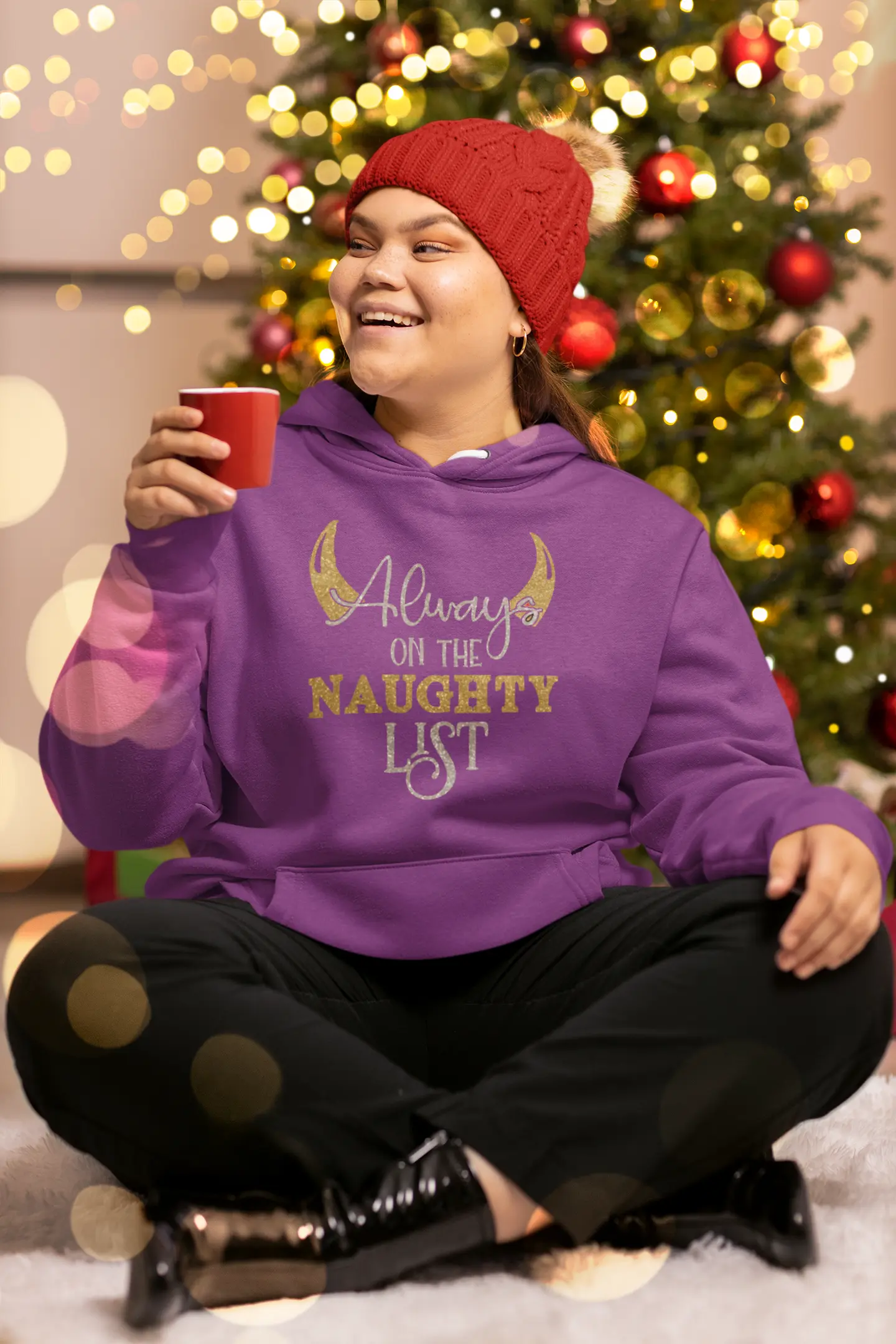 Purring purple "Always on the naughty list" Glitter pocket hoodie