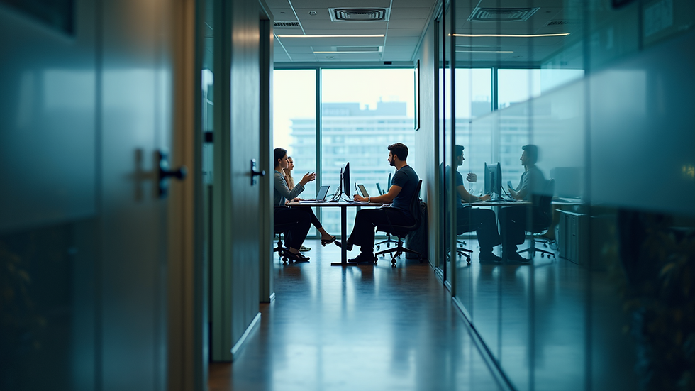 Eye-level view of a government office with employees collaborating on AI solutions