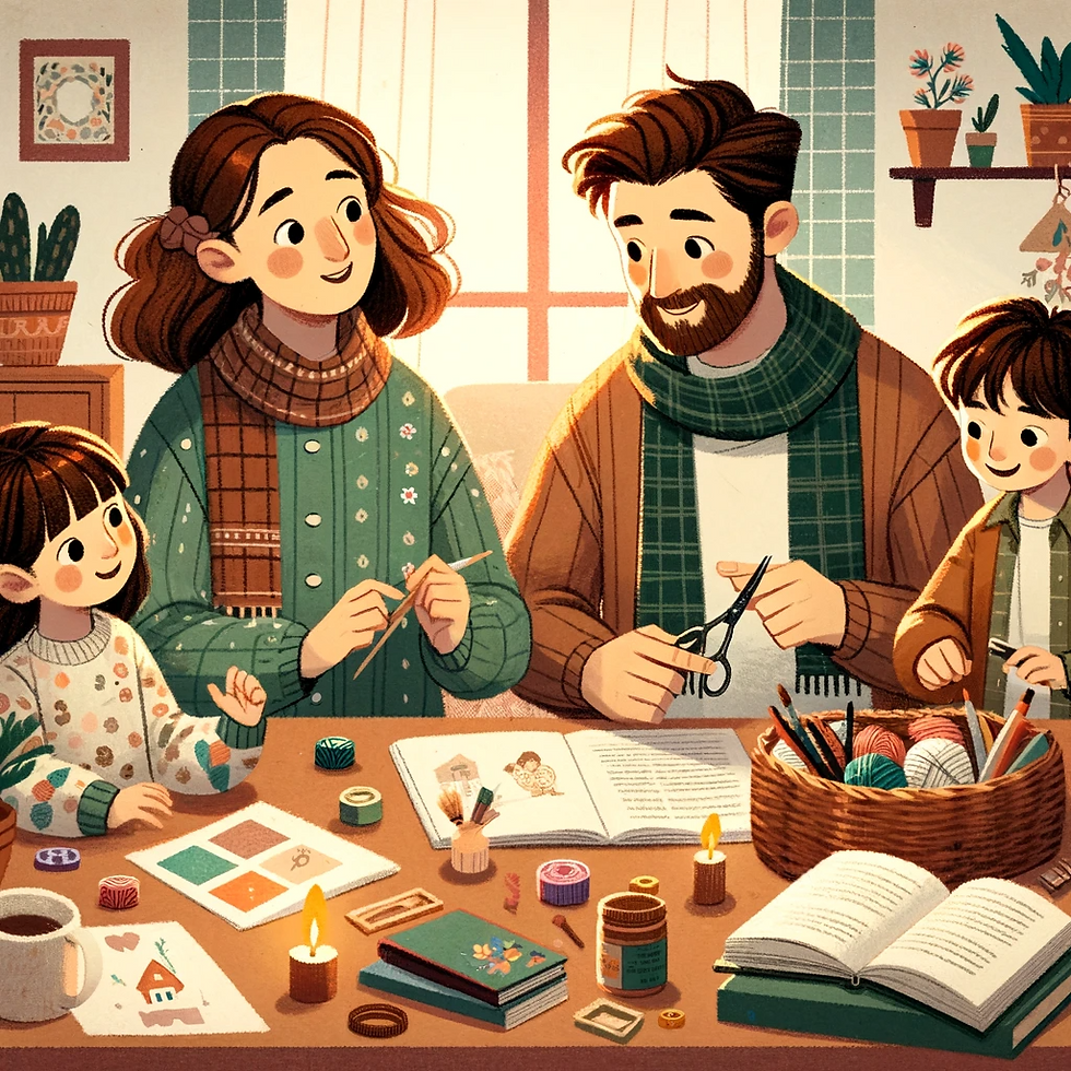 Een gezin met bruin haar zit in een gezellige woonkamer en is bezig met knutselactiviteiten. De ouders en twee kinderen, een jong meisje en een jongen, zijn omringd door knutselspullen, boeken en kaarsen en stralen tevredenheid en vreugde uit.