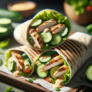 Wraps met kip, komkommer, sla en honingmosterd dressing