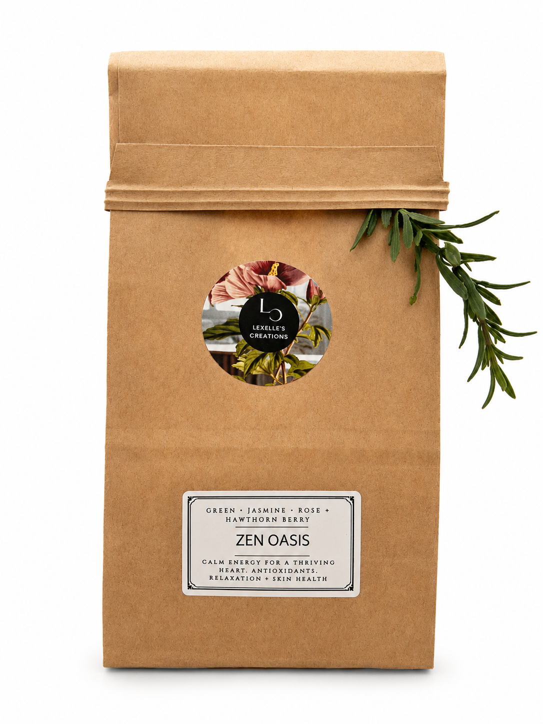 Paper bag of Zen Oasis Green Tea Blend with rosemary sprig.