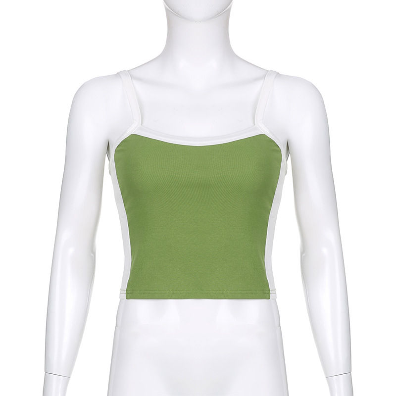 Thumbnail: Sleeveless Knitted Crop Tops Green Sexy Basic Patchwork Summer Casual Cami Backl