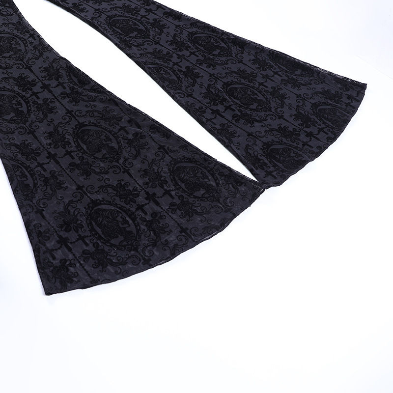 Thumbnail: Goth Dark Vintage Flocking Mall Gothic Sexy Flare Pants Grunge See Through Mesh 