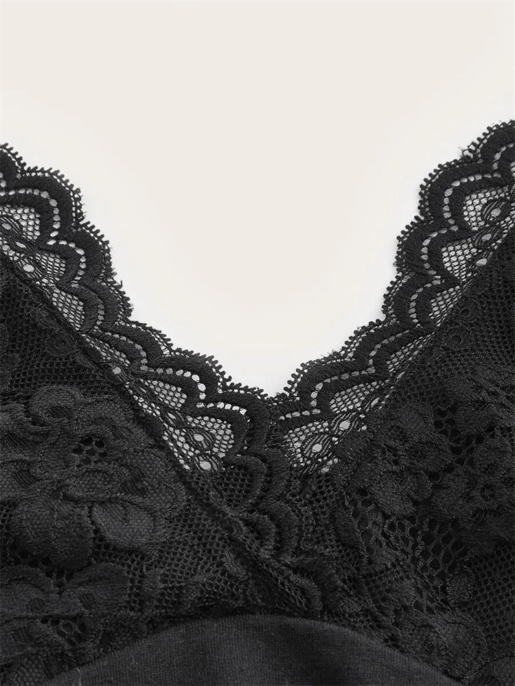 Thumbnail: Goth Grunge Punk Black Lace Patchwork Halter Top Women Summer Solid Ruched Backl