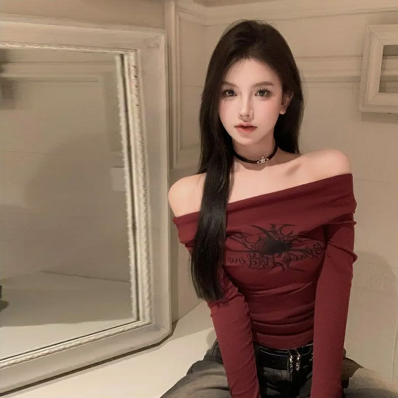 Thumbnail: Women Y2K Gothic Grunge T Shirts Off Shoulder 2023 Autumn Streetwear Fairycore H