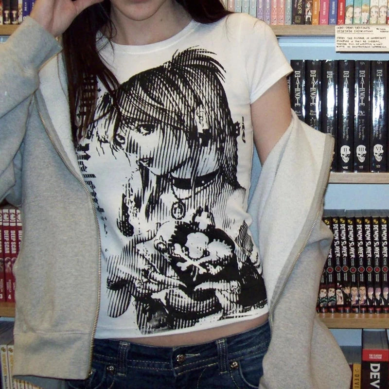 Thumbnail: Y2k anime Streetwear O-neck 90s Text Printing Tops Women Harajuku Clothes Simple