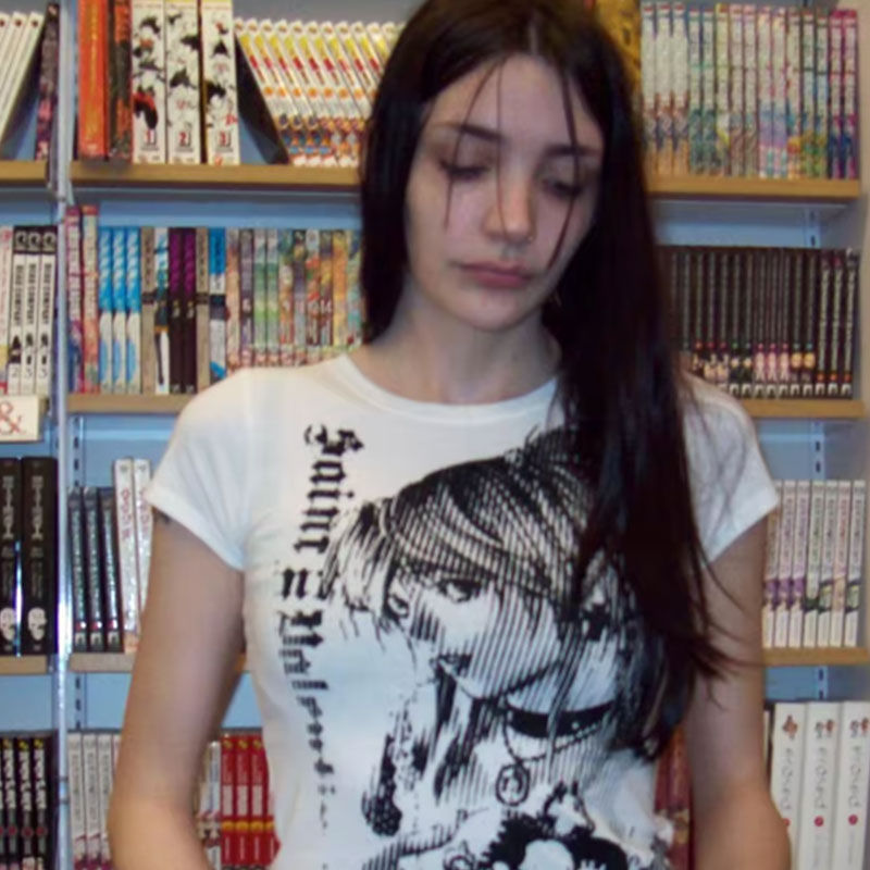 Thumbnail: Y2k anime Streetwear O-neck 90s Text Printing Tops Women Harajuku Clothes Simple