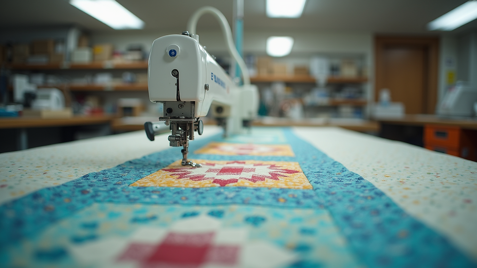 Eye-level view of a long arm quilting machine in a well-lit sewing studio