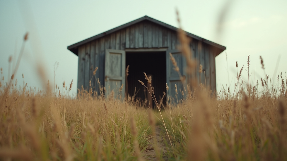Eye-level view of a wooden shed with tall grass nearby