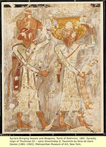 Sírios trazendo embarcações e armas, tumba de Rekhmire. 18º Dinastia, reinado de Tutmés III - início de Amenhotep II. Por Nina de Garis Davies (1881-1965). Metropolitan Museum os Art, New York.