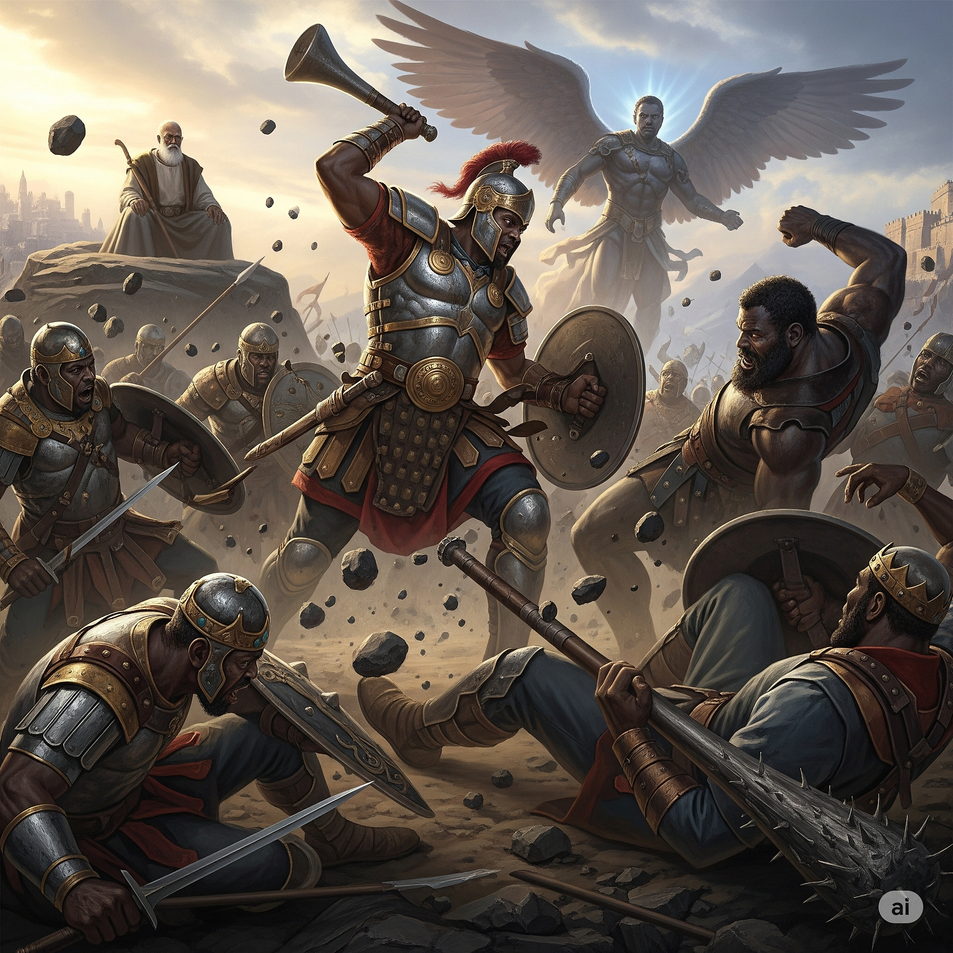 Judá (Yahudah), um jovem negro hebreu, lutando contra guerreiros cananeus negros e contra gigantes,com muita dificuldade, sob a proteção de um anjo negro forte.
