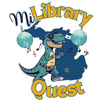 Logo stating "MiLibraryQuest" and images of a dancing dinosaur, disco balls, and the state of Michigan.