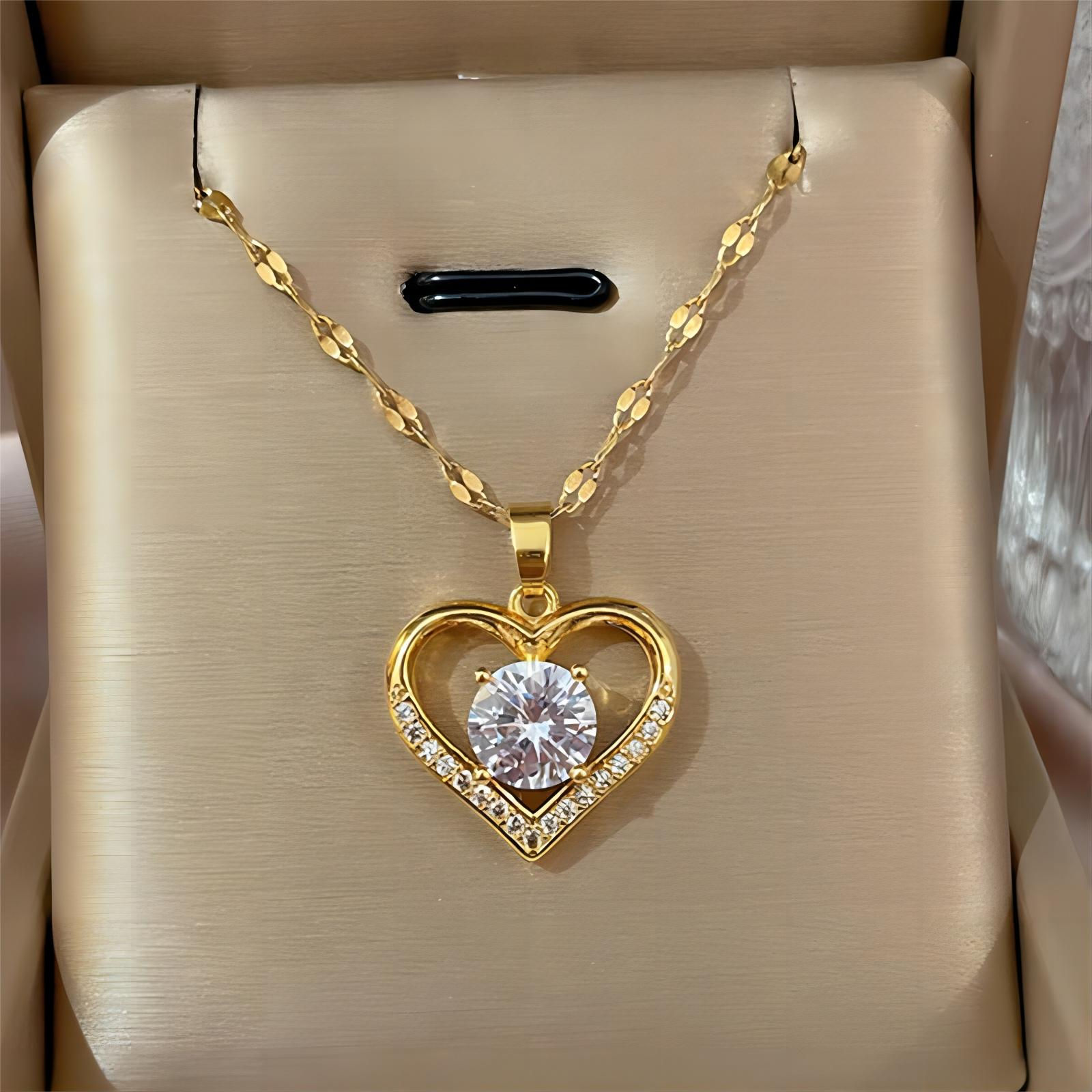 Trendy Heart Stainless Steel Zirconia Necklaces For Women Girls Love Gold Color