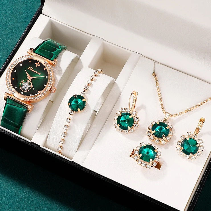 5-Piece Green Fashion Jewelry Set: Watch, Earrings, Necklace, Bracelet, Ring
