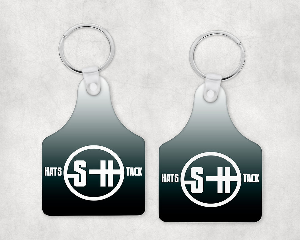 Thumbnail: Aluminum metal keychain, cattle ear tag shape. Full color sublimation. Gray gradient ombre with white cattle brand.
