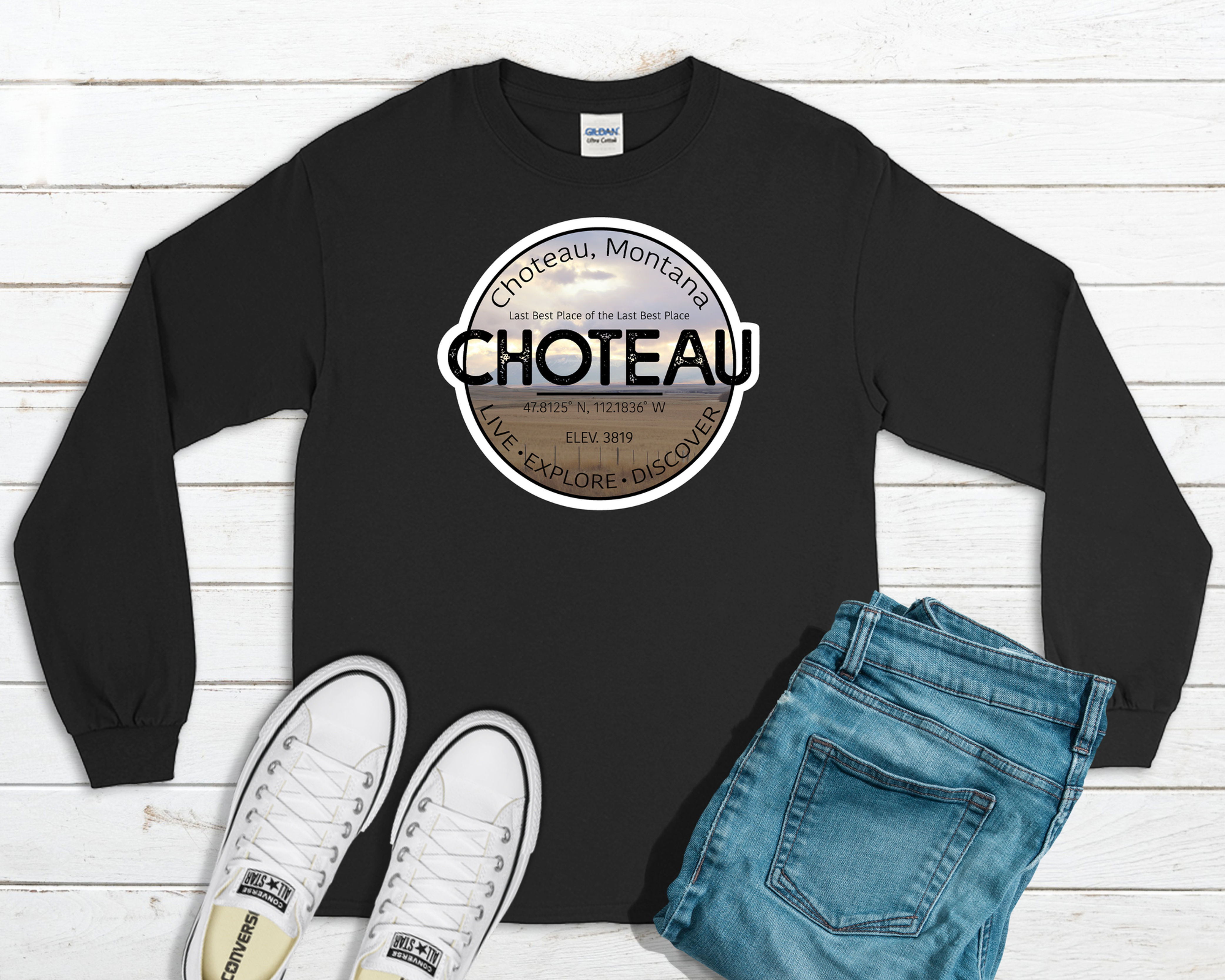 "Choteau" T-shirt, Small Town Shirt, Montana, Black, Gray