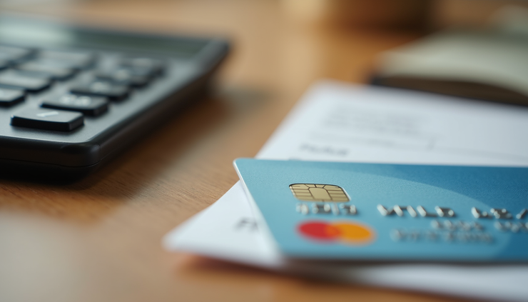 Close-up view of a credit card and a calculator on a wooden table