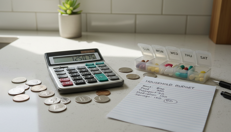 Eye-level view of a calculator next to coins and a small medicine organizer on a kitchen counter.
