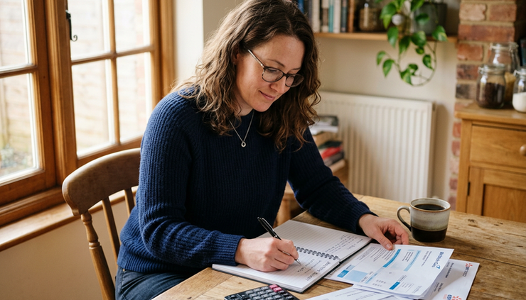 Eye-level view of a person reviewing household bills at a kitchen table