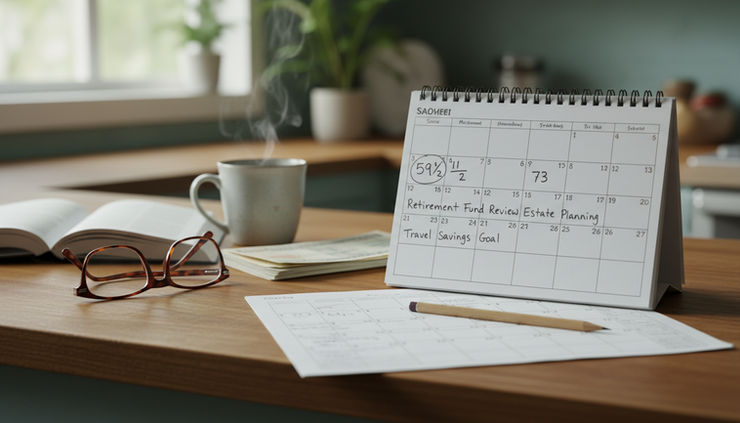 Close-up view of a calendar marked with retirement age milestones