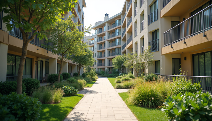 Eye-level view of a residential apartment complex with accessible entrances and green surroundings