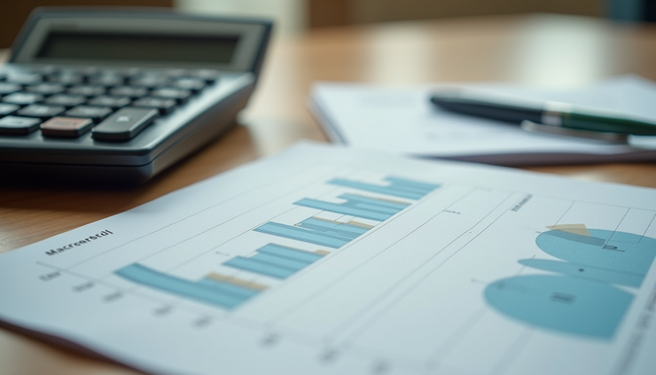 Eye-level view of a financial document and calculator on a wooden desk