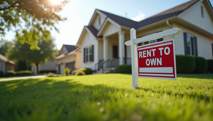 Eye-level view of a suburban house with a "For Rent to Own" sign in the front yard