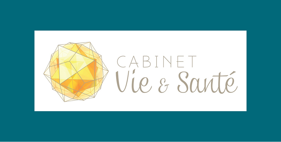 Logo Cabinet Vie & Santéd Emmanuelle Ouvrard sur fond blanc et bleu-vert, avec sphère géométrique jaune.