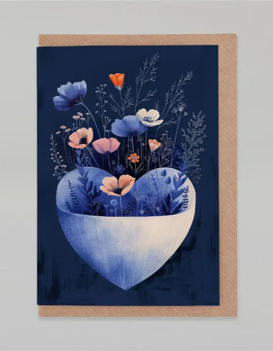 Carte cœur fleuri bleue et orange Botanopia