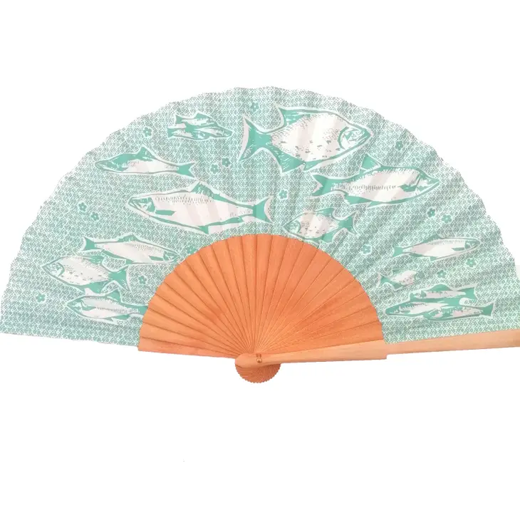 éventail-coton-bois-motif-poissons-turquoise-et-blanc-Popelin-Barcelone