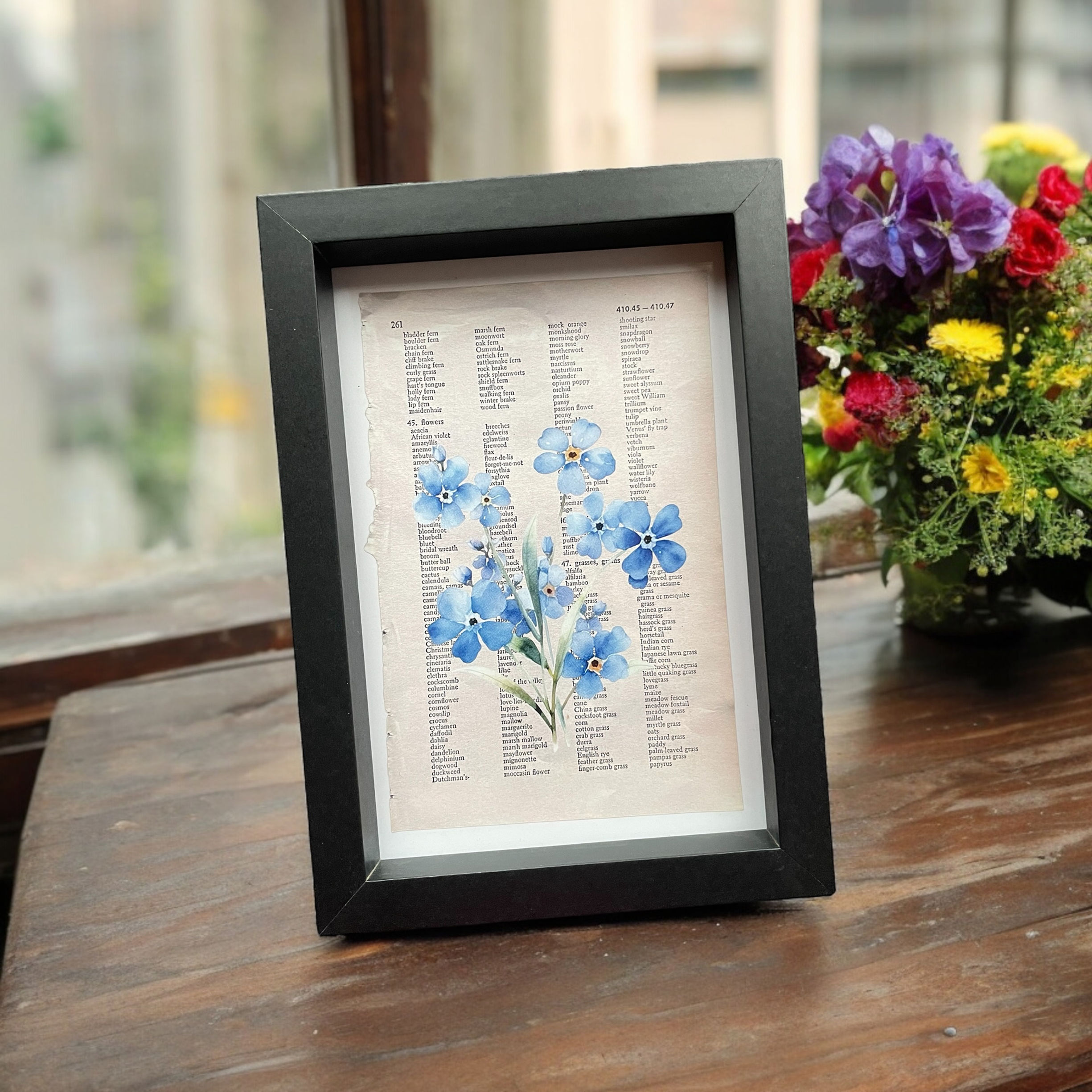 Flower Dictionary A6 Framed Print| Iris|Poppy|Sunflower|Daisy|Forget me not