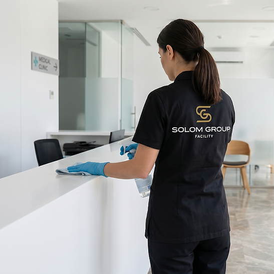 Pracovnice SG Facility čistí recepci v moderní klinice