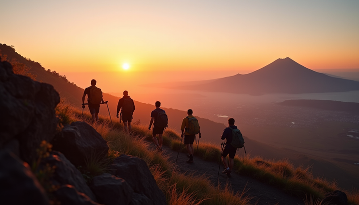 High angle view of a group hiking up Mount Batur with sunrise in the background