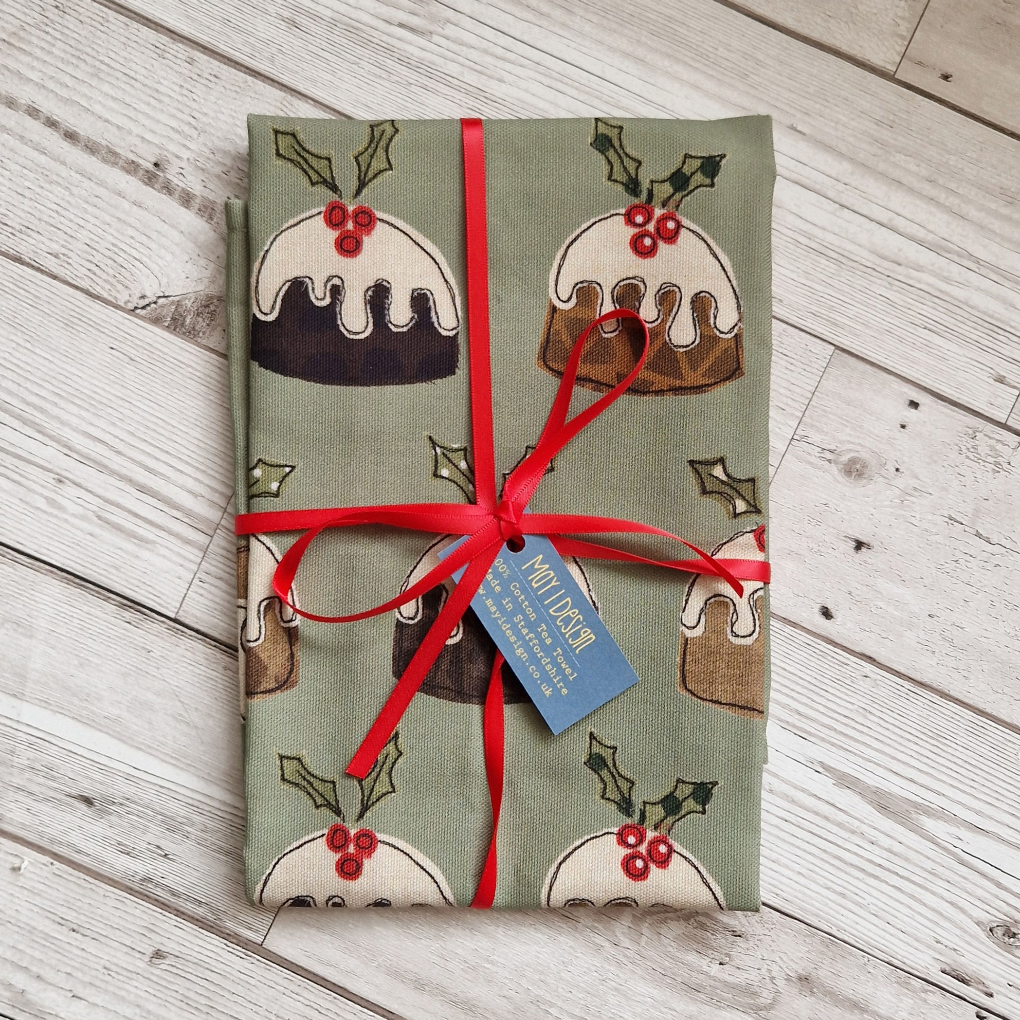 Green Christmas Pudding Tea Towel